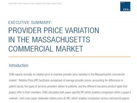 CHIA's update of provider price variation in  Massachusetts